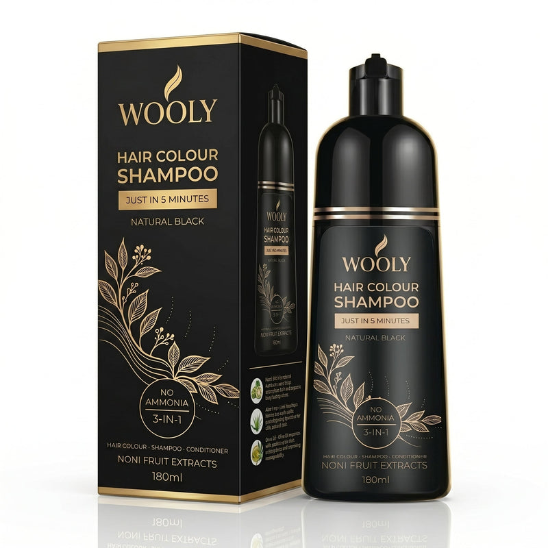 Wooly Hair Colour Shampoo 180ml bottle beside its black and gold carton, labelled no ammonia and 3-in-1