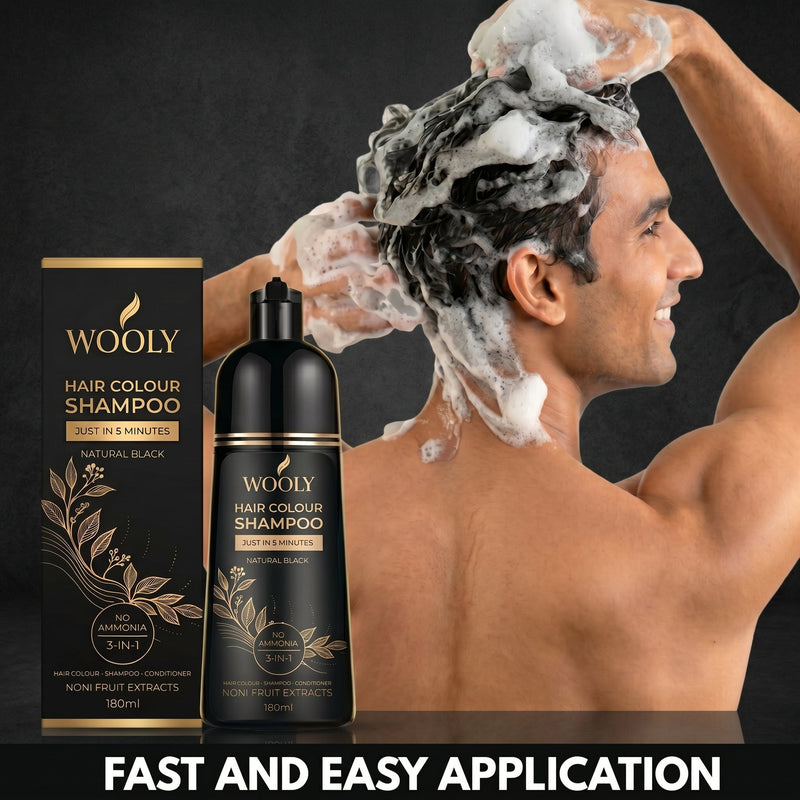 Man lathering Wooly Hair Colour Shampoo into wet hair beside the bottle and carton, captioned fast and easy application