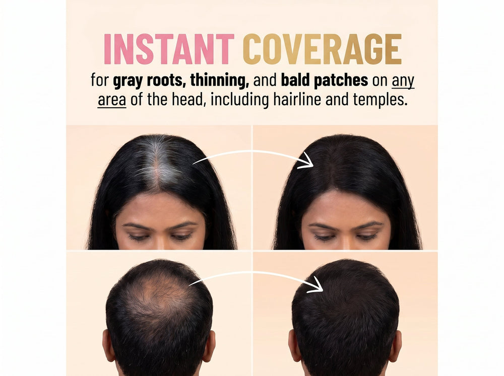 Diagram showing instant coverage of grey roots, thinning areas and bald patches across the hairline and temples