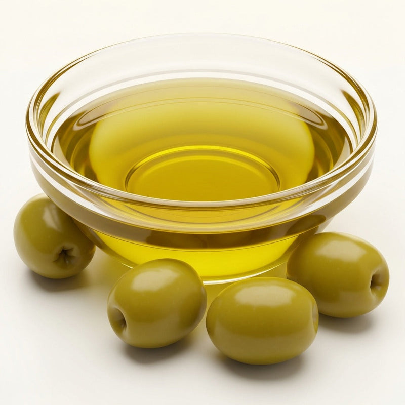 Green olives beside a glass bowl of olive oil, one of the botanical ingredients in Wooly Hair Colour Shampoo