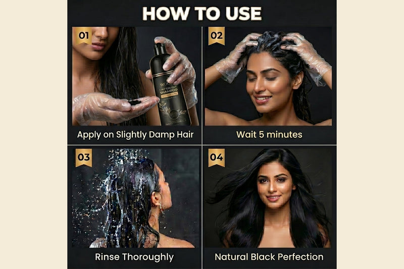 Four step guide to Wooly Hair Colour Shampoo: apply on slightly damp hair, wait five minutes, rinse thoroughly, natural black result