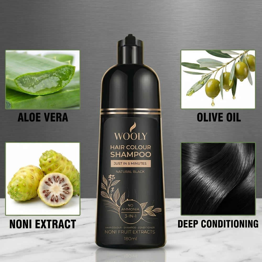Wooly Hair Colour Shampoo bottle surrounded by its ingredients: aloe vera, olive oil, noni extract and a deep-conditioned hair swatch