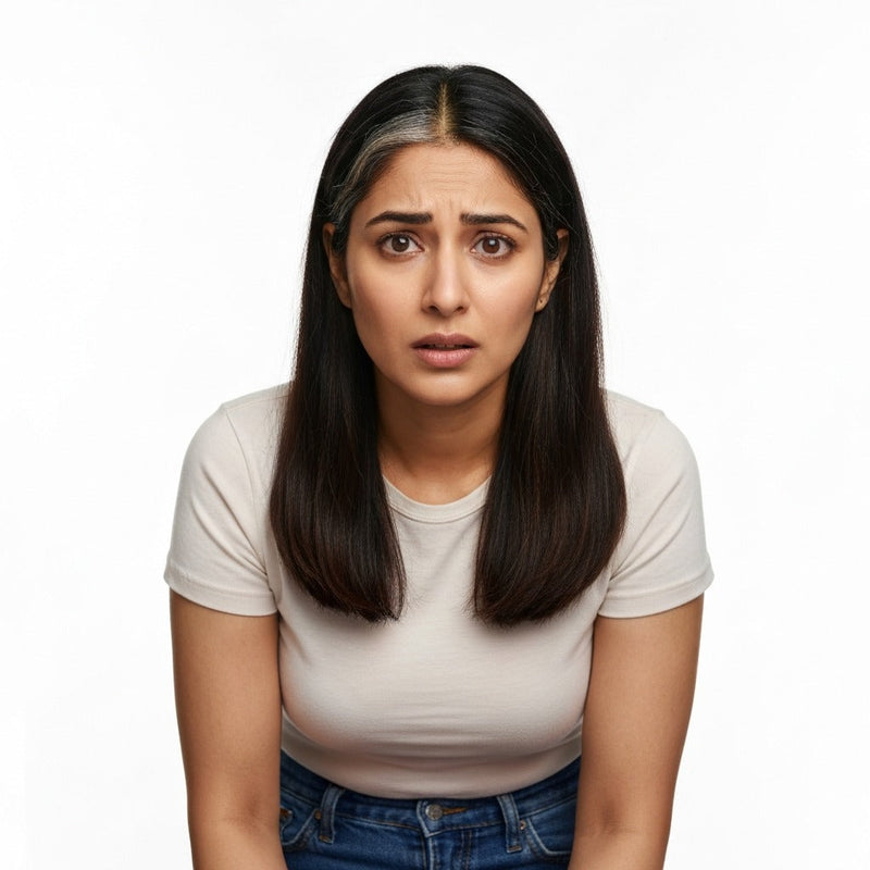 Young woman with dark hair showing early greys, looking concerned