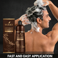 Man lathering his hair beside the Wooly Hair Colour Shampoo Dark Brown bottle and carton, captioned fast and easy application