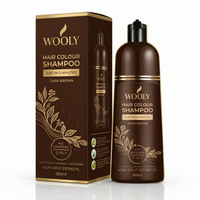 Wooly Hair Colour Shampoo Dark Brown 180ml bottle beside its dark brown and gold carton, labelled no ammonia and 3-in-1