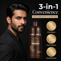 Man in a black blazer beside Wooly Hair Colour Shampoo Dark Brown, showing its 3-in-1 shampoo, hair colour and conditioner action