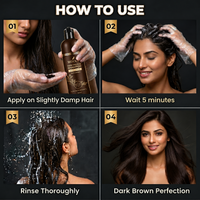 How to use Wooly Hair Colour Shampoo Dark Brown - 4 steps: apply on damp hair, wait 5 minutes, rinse, dark brown result