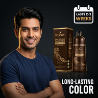 Man in a navy t-shirt beside the Wooly Hair Colour Shampoo Dark Brown pack, with a lasts 2-3 weeks callout