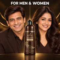 Indian man and woman with natural dark brown hair beside Wooly Hair Colour Shampoo Dark Brown, for men and women